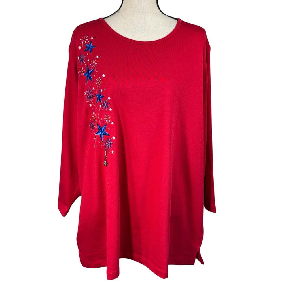 Quacker Factory by Jeanne Bice 2X-Large Top Stars Patriotic 3/4 Sleeve Stretch